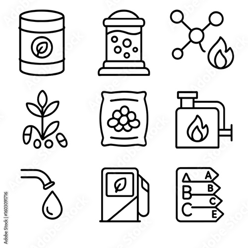 Alternative Fuel Icons. Line style icons of alternative fuel production: bioethanol drum, algae fuel tank, synthetic gas icon,