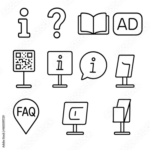 Information Icons Set. Line style icons of information symbols: “i” icon for info, help question mark, open book symbol, audio