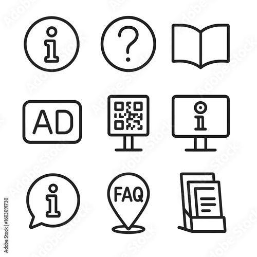 Information Icons Set. Line style icons of information symbols: “i” icon for info, help question mark, open book symbol, audio