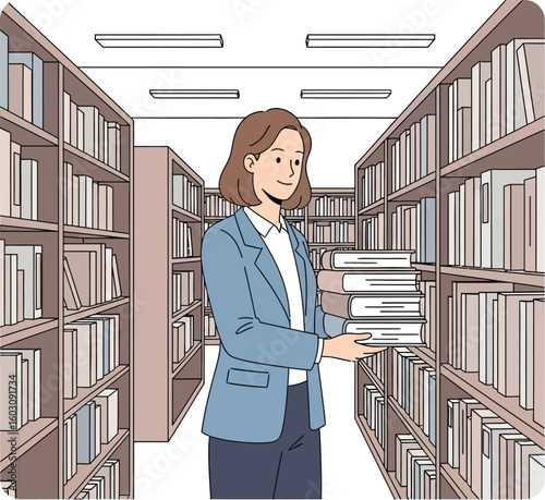 A woman in a library is holding a stack of books, standing between tall shelves filled with books.