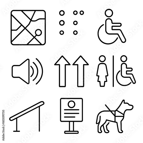 Accessibility Icon Set. Line style icons of wayfinding for accessibility: tactile map icon, braille signage, wheelchair access