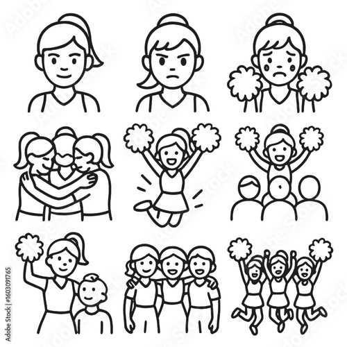 Cheerleading Emotions Icons. Line style icons of cheerleading emotions: confident face, focused eyes, cheering tears, team hug,