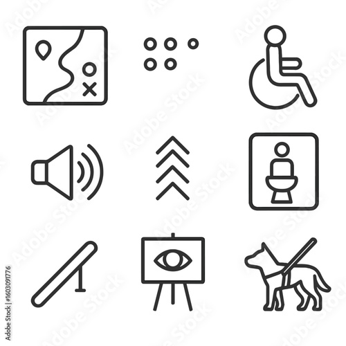 Accessibility Icon Set. Line style icons of wayfinding for accessibility: tactile map icon, braille signage, wheelchair access