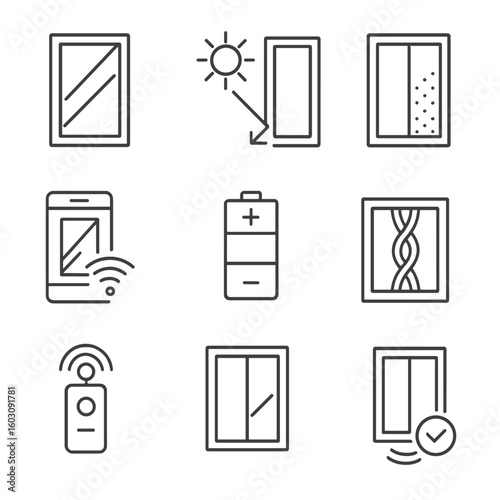 Smart Glass Icons. Line style icons of smart glass technology: smart tinting window, sun-responsive glass, switchable opacity icon