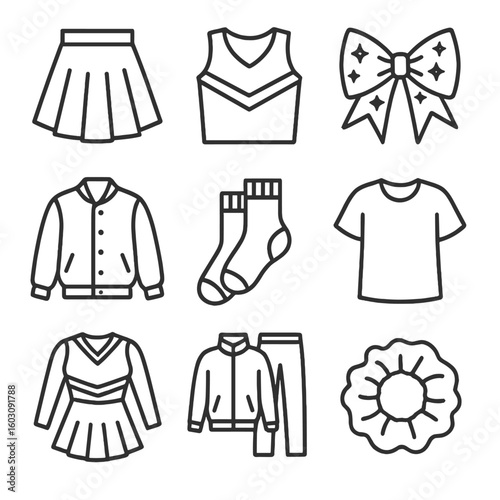Cheerleading Apparel Icons. Line style icons of cheerleading apparel and accessories: cheer skirt, sleeveless top, sparkle bow,