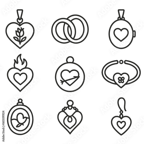 Symbolic Jewelry Icons. Line style icons of symbolic jewelry: pendant with heart-rose-flame, ring with entwined icon, locket