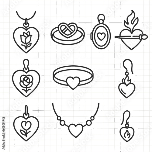 Symbolic Jewelry Icons. Line style icons of symbolic jewelry: pendant with heart-rose-flame, ring with entwined icon, locket
