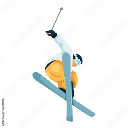 Dynamic freestyle skier in mid-jump with crossed skis, colorful outfit, minimal white background. Concept of winter sports action. Vector illustration