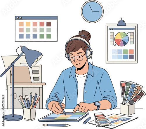 A young woman with headphones works on a digital tablet at her desk, surrounded by design tools and color palettes in a bright, creative workspace.