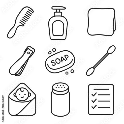 Baby Grooming Icons. Line style icons of baby hygiene and grooming: baby comb, baby lotion bottle, soft washcloth, baby nail