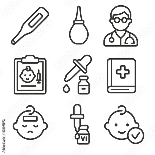 Baby Health Icons. Line style icons of baby health and medical care: thermometer, nasal aspirator, pediatrician icon, vaccination