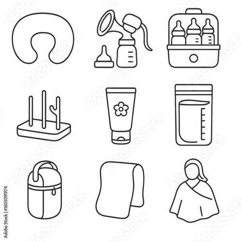Feeding Accessories Icons. Line style icons of feeding and nursing accessories: nursing pillow, breast pump kit, sterilizer icon,