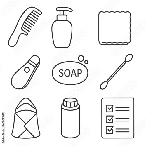 Baby Grooming Icons. Line style icons of baby hygiene and grooming: baby comb, baby lotion bottle, soft washcloth, baby nail