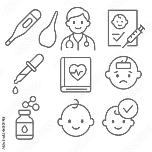 Baby Health Icons. Line style icons of baby health and medical care: thermometer, nasal aspirator, pediatrician icon, vaccination