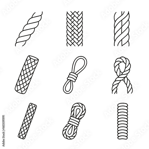 Marine Rope Icons. Line style icons of marine rope types: twisted natural rope, braided rope, nylon marine rope, three-strand rope