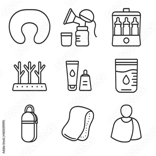 Feeding Accessories Icons. Line style icons of feeding and nursing accessories: nursing pillow, breast pump kit, sterilizer icon,