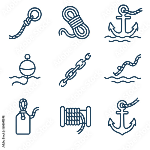 Anchor Rope Icons. Line style icons of rope used with anchors: rope to anchor ring, anchor line coil, anchor drag with rope,