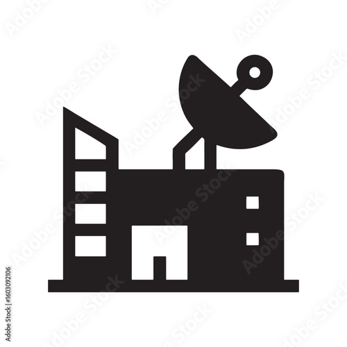 Urban rooftop with satellite dish and city skyline silhouette