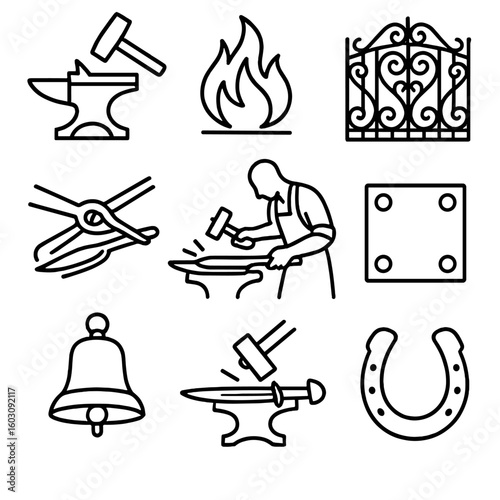 Blacksmithing Icons. Line style icons of metal crafts and blacksmithing: anvil with hammer, forge flames, wrought iron gate design