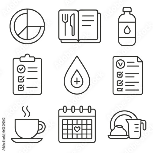 Lifestyle and Diet Icons. Line style icons of lifestyle and diet assessment: nutrition plate chart, meal logbook, hydration
