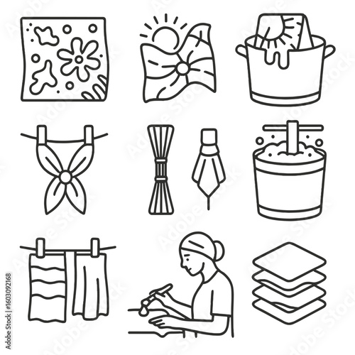Cultural Dyeing Icons. Line style icons of cultural dyeing methods: batik wax pattern, tie-dye fabric icon, resist dyeing pot,
