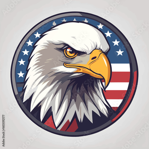 Ferocious American Bald Eagle Head with USA Flag Circle Badge - Patriotic National Symbol Vector Illustration for Independence Day, Veterans, Military, and Freedom Concepts

