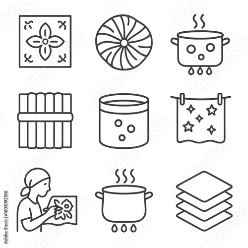 Cultural Dyeing Icons. Line style icons of cultural dyeing methods: batik wax pattern, tie-dye fabric icon, resist dyeing pot,
