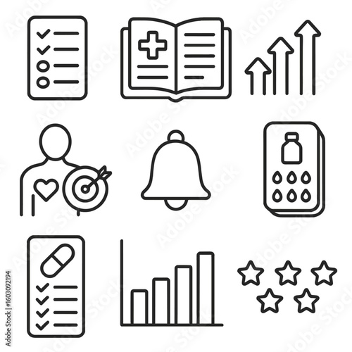 Wellness Tracking Icons. Line style icons of wellness checklist and tracking: daily wellness checklist, health logbook, progress