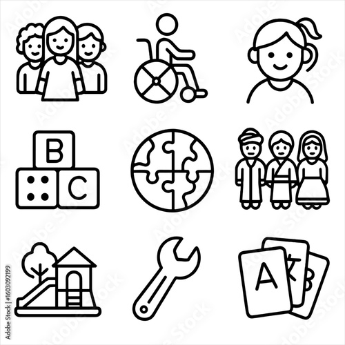 Diverse Toy Icons. Line style icons of multicultural and inclusive toys: dolls with diverse features, wheelchair figure, hearing