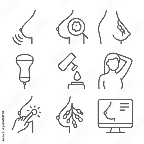 Breast Ultrasound Icons. Line style icons of breast ultrasound: breast outline with wave, tumor scan detail, axillary node image,