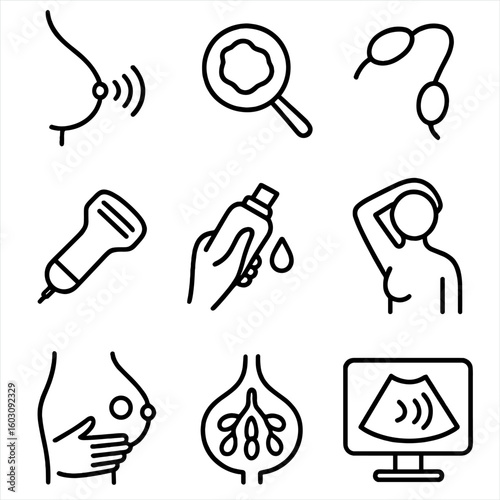 Breast Ultrasound Icons. Line style icons of breast ultrasound: breast outline with wave, tumor scan detail, axillary node image,