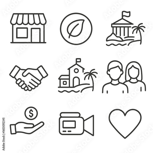 Beach Cleanup Icons. Line style icons of beach cleanup partnerships: local business icon, eco sponsor badge, government symbol
