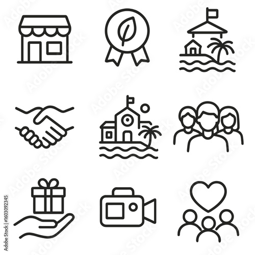 Beach Cleanup Icons. Line style icons of beach cleanup partnerships: local business icon, eco sponsor badge, government symbol