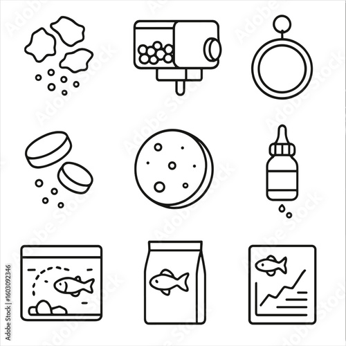 Fish Feeding Icons. Line style icons of fish feeding items: floating food flakes, automatic tank feeder, feeding ring icon,