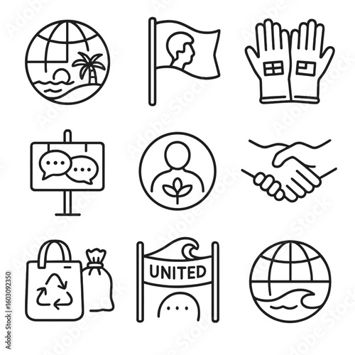 Global Beach Cleanup Icons. Line style icons of international beach cleanup icons: globe with beach icon, world cleanup day flag,