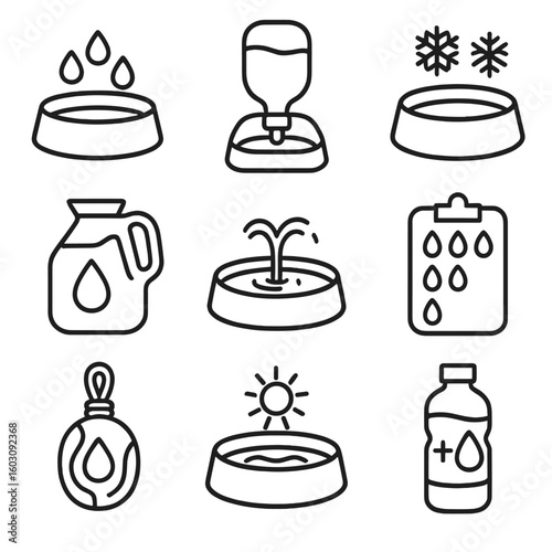 Pet Hydration Icons. Line style icons of pet water access and hydration: clean bowl with drops, auto water dispenser, cooling bowl