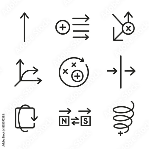 Electromagnetic Force Icons. Line style icons of forces in electromagnetism: Lorentz force arrow, moving charge in field, cross