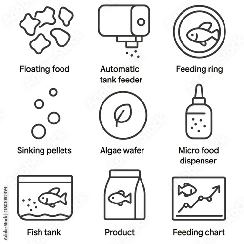 Fish Feeding Icons. Line style icons of fish feeding items: floating food flakes, automatic tank feeder, feeding ring icon,
