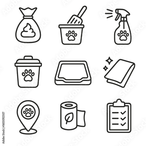 Pet Sanitation Icons. Line style icons of pet waste and sanitation: dog poop bag, litter scoop and bin, odor control spray, waste