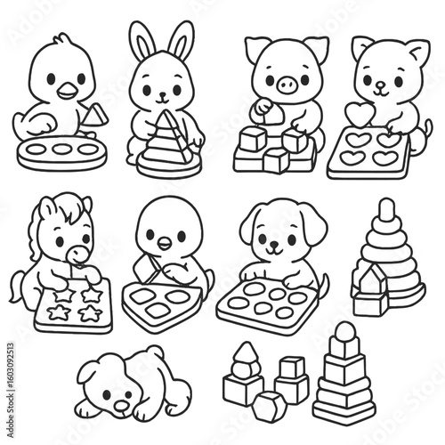 Baby Animal Shape Toys. Line style icons of baby animal stacking and sorting toys: duckling sorting circles, bunny stacking