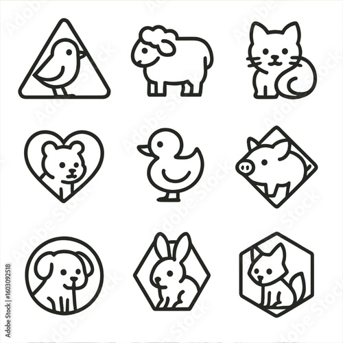 Geometric Animal Icons. Line style icons of abstract shape animal combos: triangle chick symbol, square lamb shape combo, oval