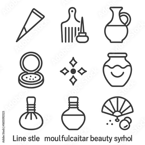 Multicultural Beauty Icons. Line style icons of multicultural beauty symbols: henna cone, afro pick, kohl eyeliner pot,