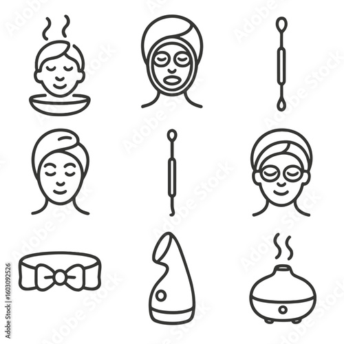 Facial Spa Icons. Line style icons of facial treatment and spa: steaming face bowl, clay mask icon, face massage tool, hot towel