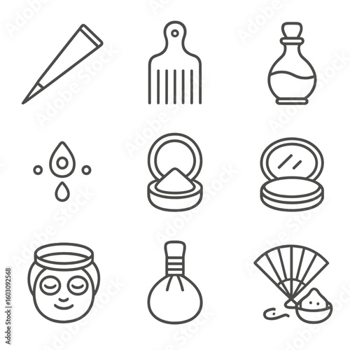 Multicultural Beauty Icons. Line style icons of multicultural beauty symbols: henna cone, afro pick, kohl eyeliner pot,