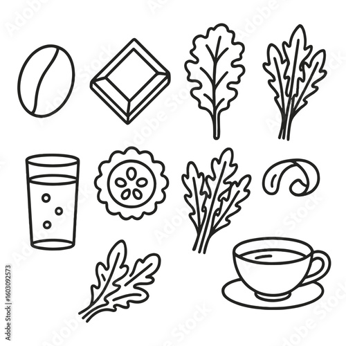 Bitter Flavor Icons. Line style icons of bitter flavor elements: coffee bean icon, dark chocolate piece, kale leaf, dandelion