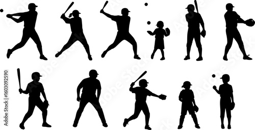 Male, female, and children's baseball player silhouettes
