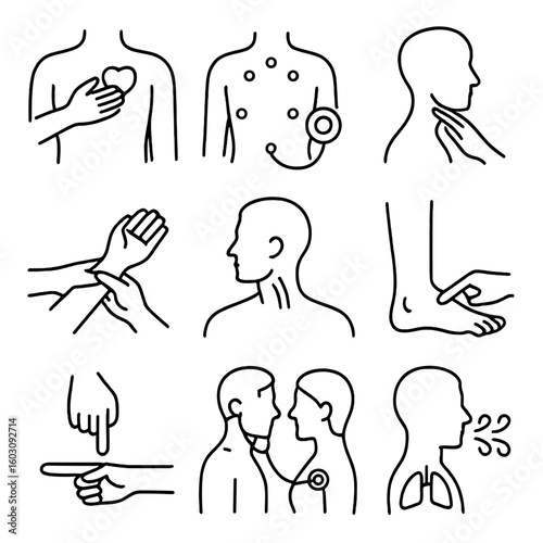 Cardiovascular Exam Icons. Line style icons of cardiovascular physical exams: palpation of chest, auscultation points diagram,