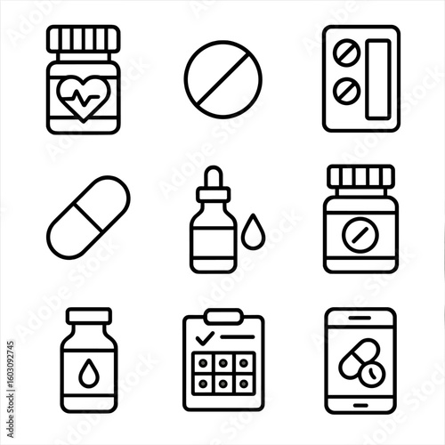 Cardiovascular Medication Icons. Line style icons of cardiovascular medications during exam: beta blocker bottle, nitroglycerin