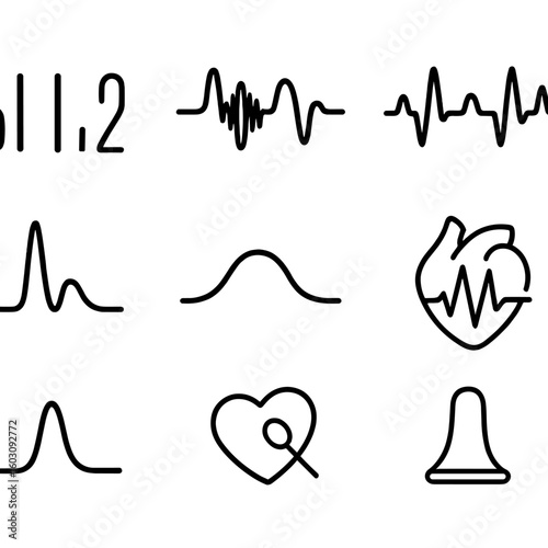 Cardiac Sound Line Icons. Line style icons of auscultation sounds and heart tones: S1 and S2 icon, heart murmur diagram, gallop