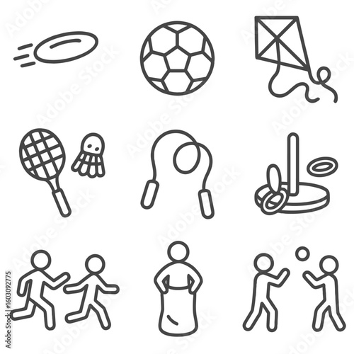 Picnic Game Icons. Line style icons of picnic games and sports: frisbee mid-flight, soccer ball, kite flying, badminton racket,